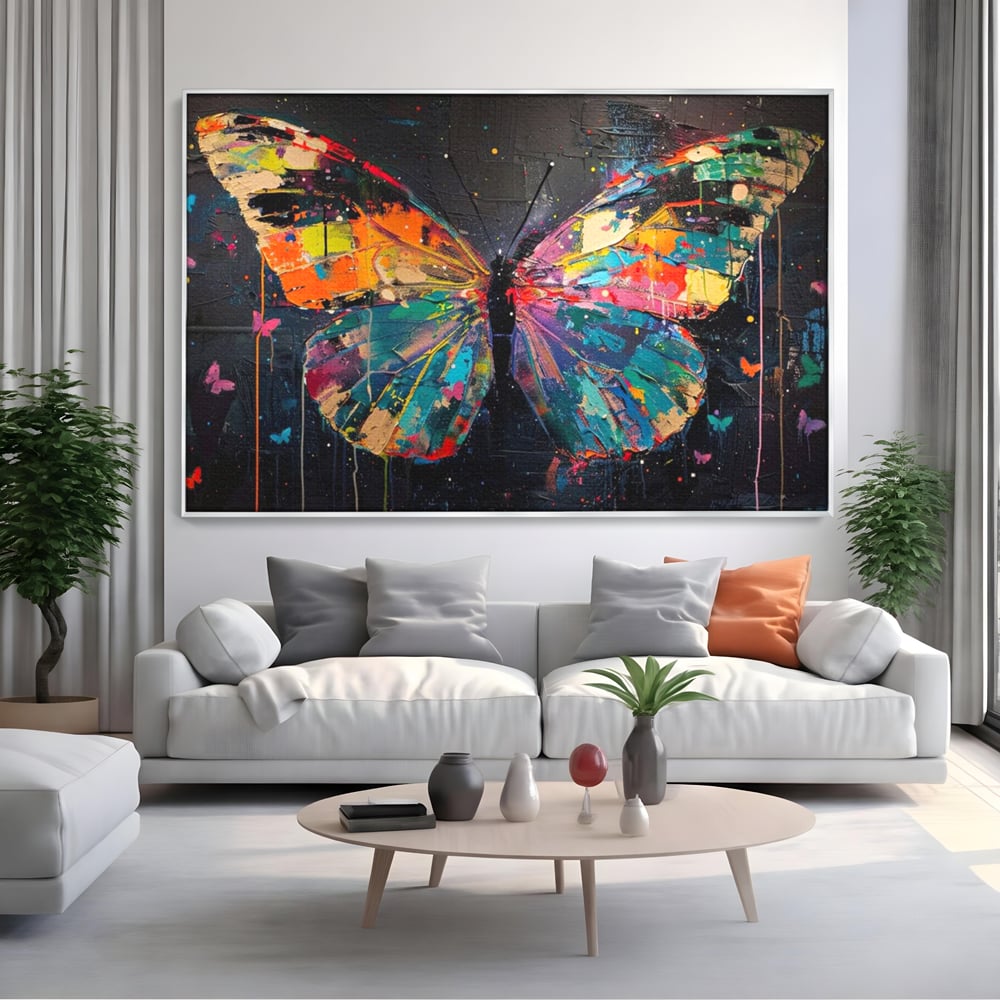 Tablou canvas cu tablou canvas cu fluture multicolor, in rama de aluminiu argintiu, pe perete intr-un living